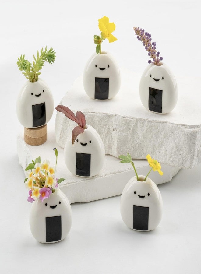 RGBDOT 6 PCS Cute Handmade Ceramic Mini Vases - Japanese Onigiri Rice Ball Design for Dried Flowers and Small Stems, Adorable Mini Table Decor, Unique Japanese Craft Gift - Image 1